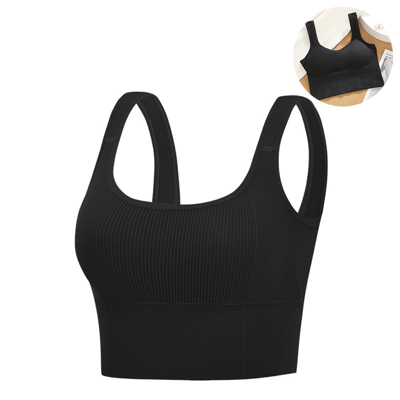 Crop Ribbed Tank Tops Solid Breathable Sports Bra Padded-Black