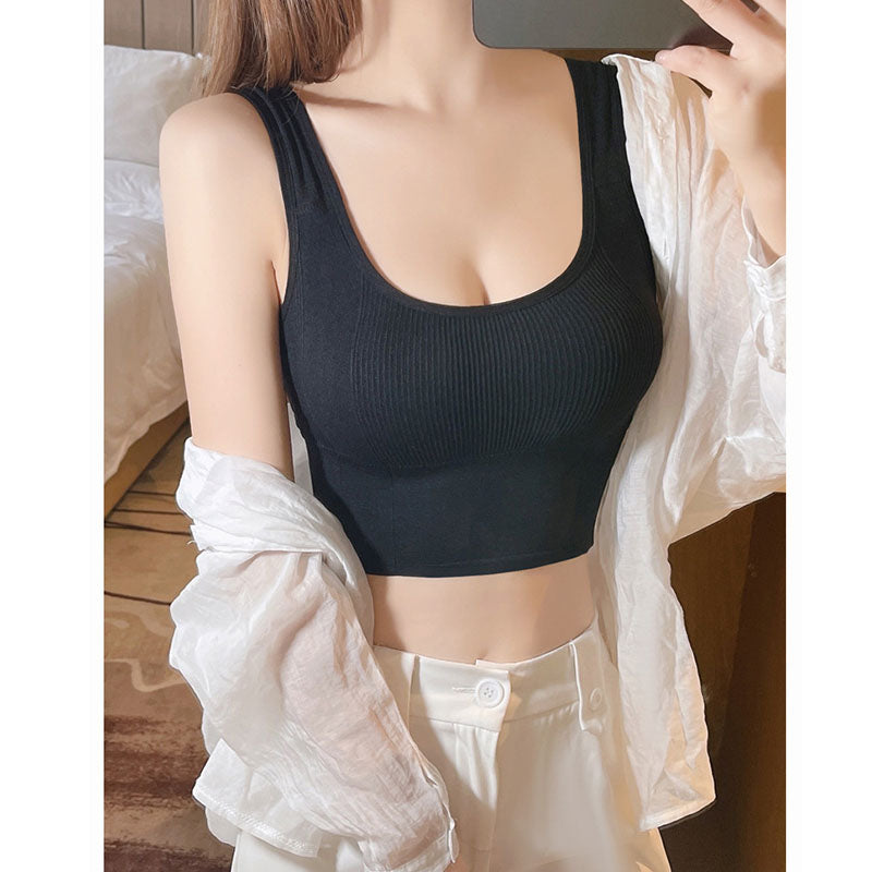 Crop Ribbed Tank Tops Solid Breathable Sports Bra Padded-Black