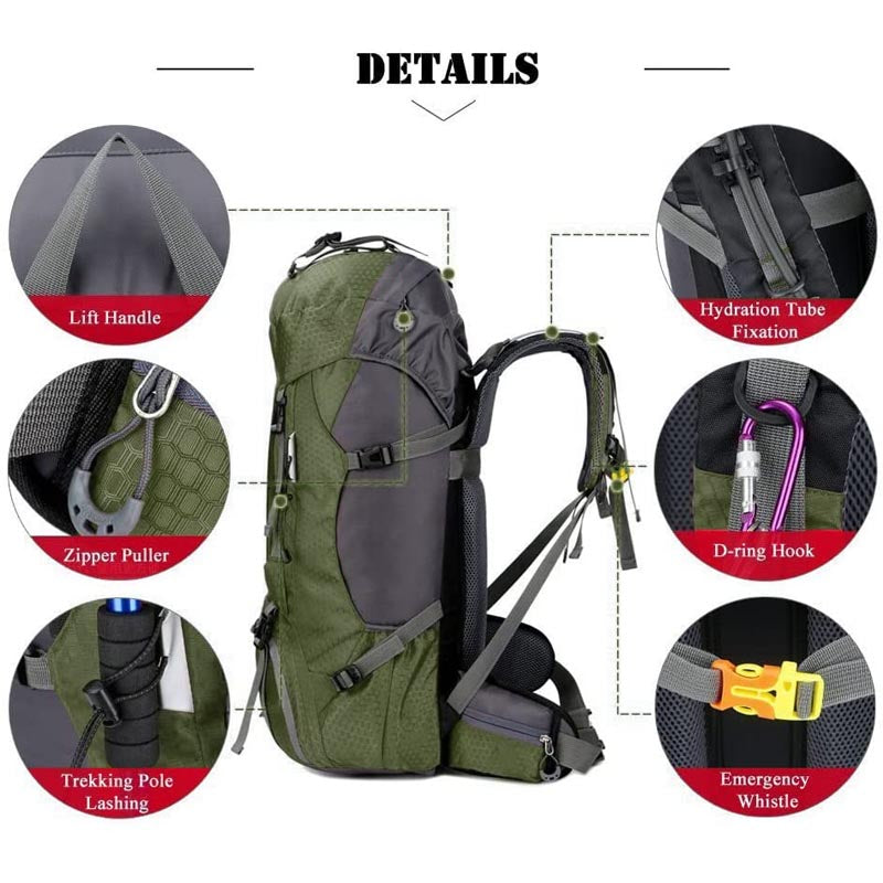 60L Waterproof Lightweight Hiking Backpack with Rain Cover for Climbing Camping-Army Green