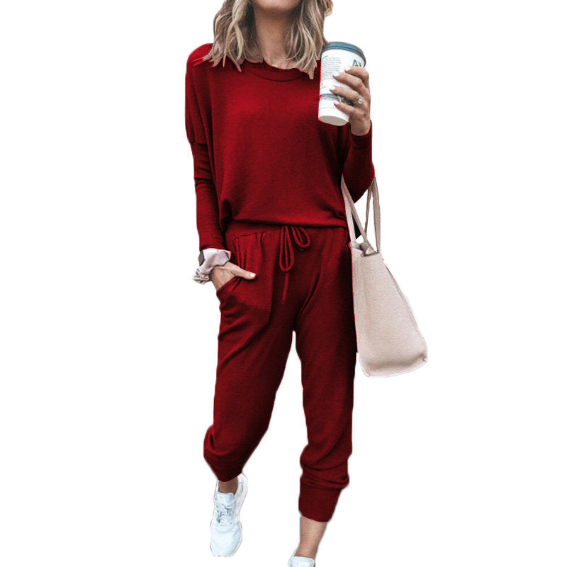 Women Loose Solid Color Long Sleeve Top Casual Drawstring Pants with Pockets-Red