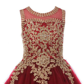 Little Girls Long Pageant Dresses Prom Ball Gown Gold Lace Tulle Dress-Red