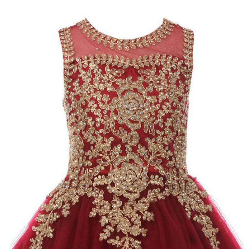 Little Girls Long Pageant Dresses Prom Ball Gown Gold Lace Tulle Dress-Red