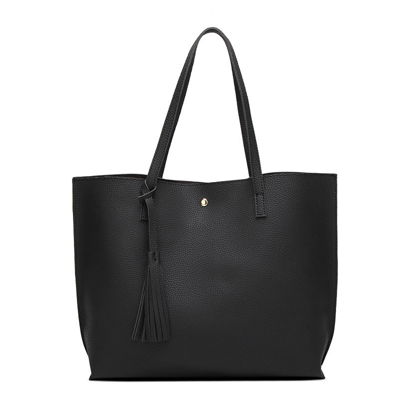 Womens Soft Leather Tote Shoulder Bag Big Capacity Tassel Handbag-Black