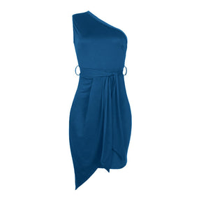 Solid Color Sleeveless Sloping Shoulder Strap Party Cocktail Dress-Blue