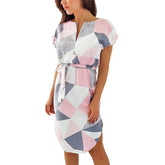 Womens Sexy Dresses Summer Casual V-Neck Printing Pattern Belted Slim Dress-White