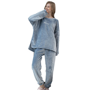 Crew Neck Flannel Pajamas Set for Women-Haze Blue