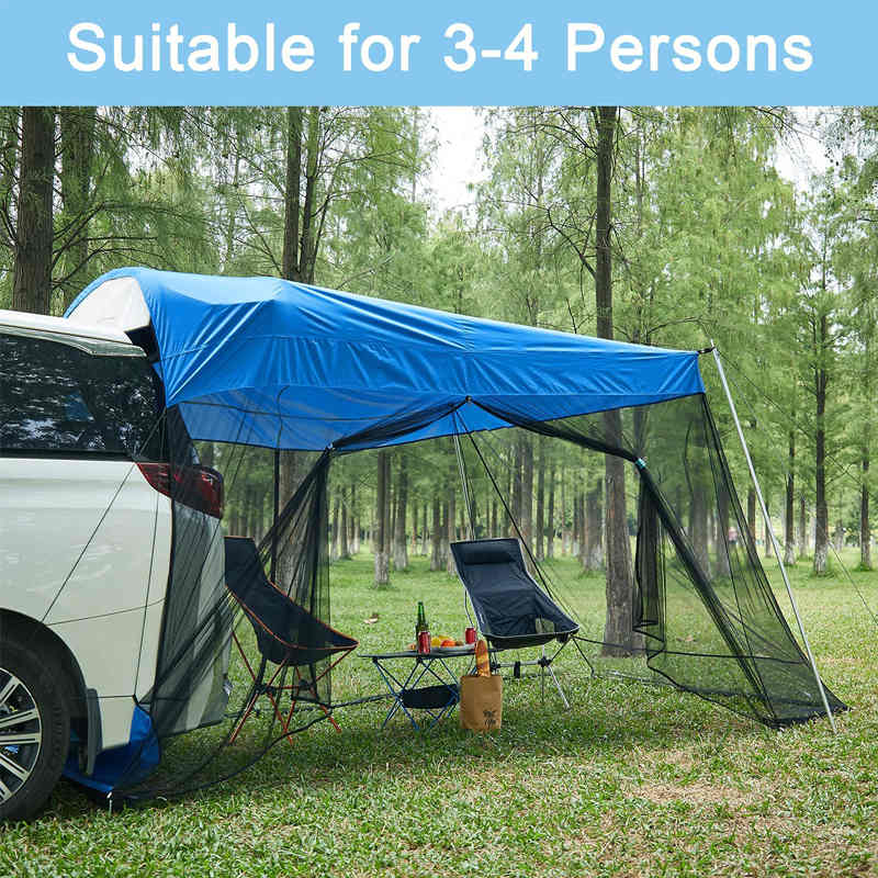 Portable Car Awning Sun Shelter with Mosquito Net for Camping-Green