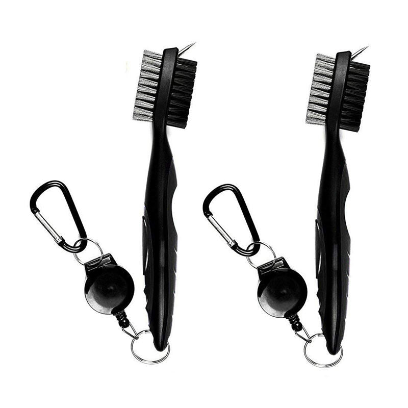 2Pcs Golf Club Brush Groove Cleaner with Retractable Zip-line Carabiner-Black