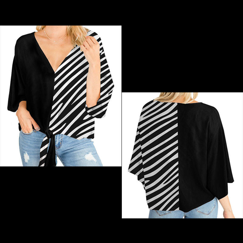 Boho Womens Blouse V Neck Tie Knot 3/4 Sleeve Summer Casual Tops-Stripe