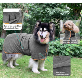 Dog Bathrobe Microfibre Fast Drying Towel Adjustable Collar Waist-Grey