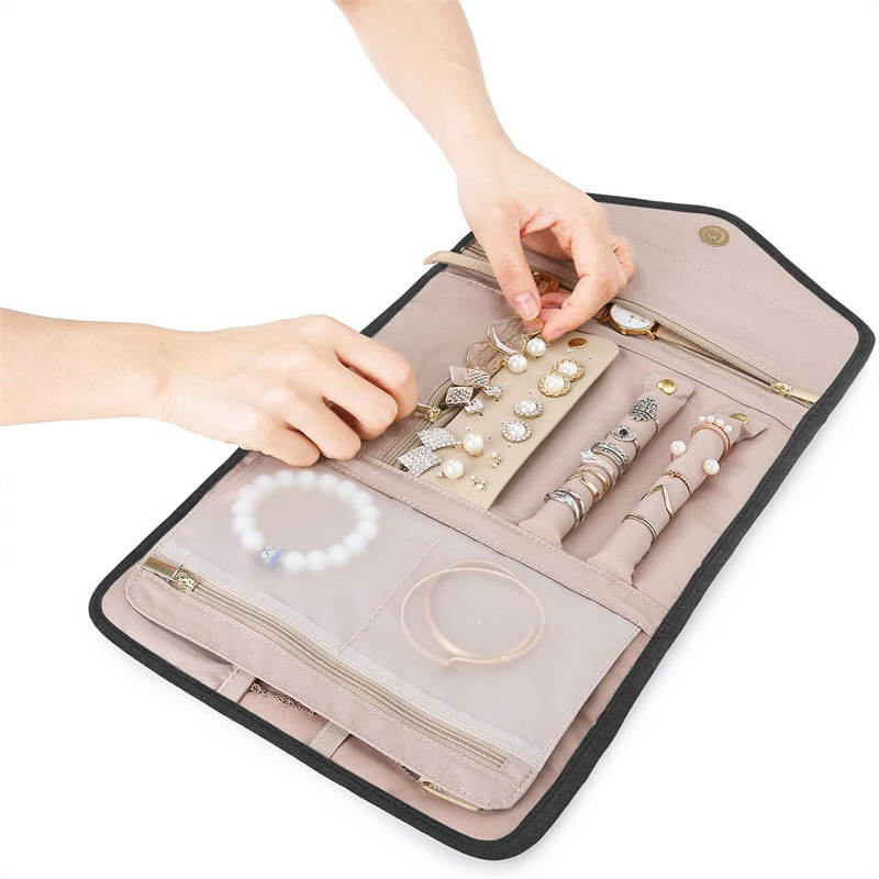 Travel Jewelry Organizer Roll Foldable Jewelry Case for Rings Necklaces - Black