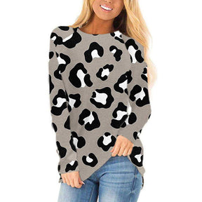 Womens Leopard Print Crewneck Loose Top Long Sleeve-Grey