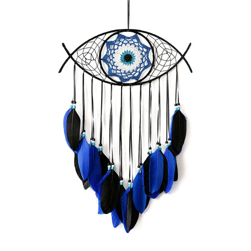 Evil Eye Dream Catcher Feather Wall Pendant Home Decoration-Blue Black