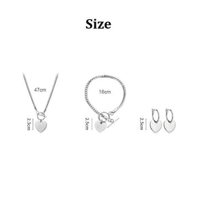 Heart Pendant Necklace Bracelet Earrings 3 Piece Set-Silver