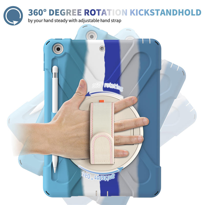 iPad Case With Pencil Stand+Rotating Stand+Shoulder Strap For iPad10.2 Inch 2020/2019-Blue