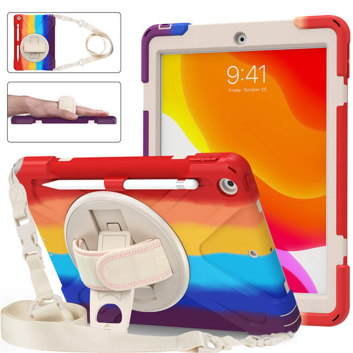iPad Case With Pencil Stand+Rotating Stand+Shoulder Strap For iPad10.2 Inch 2020/2019-Red