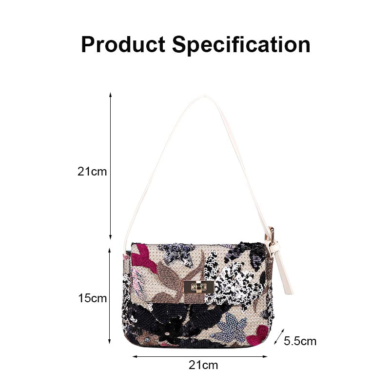 Womens Premium Shoulder Bag Embroidery Sequin Craft Purse-XXF-Black
