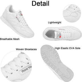 Couples Leather Sneakers Lace up Lightweight Cushioned Sport Shoes-White