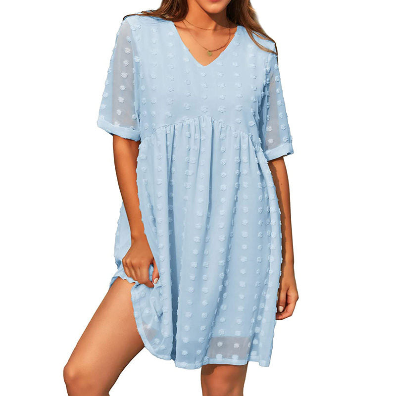 Womens Summer Short Sleeve V-neck Dress Swiss Dot A Line Dresses-LightBlue