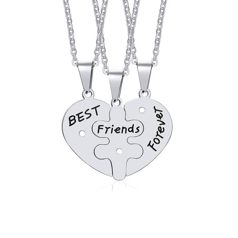 Pack of 3 Stainless Steel Heart Puzzle Pendant Necklace-Silver