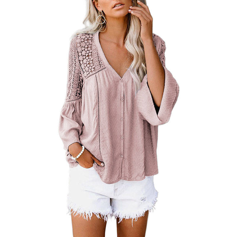 Womens V-neck Lace Crochet Shirt Flare Sleeve Buttoned Blouses-Pink