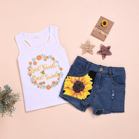 2Pcs Baby Girl Sunflower Outfits Sleeveless Tank Top and Denim Shorts Summer Clothes-White