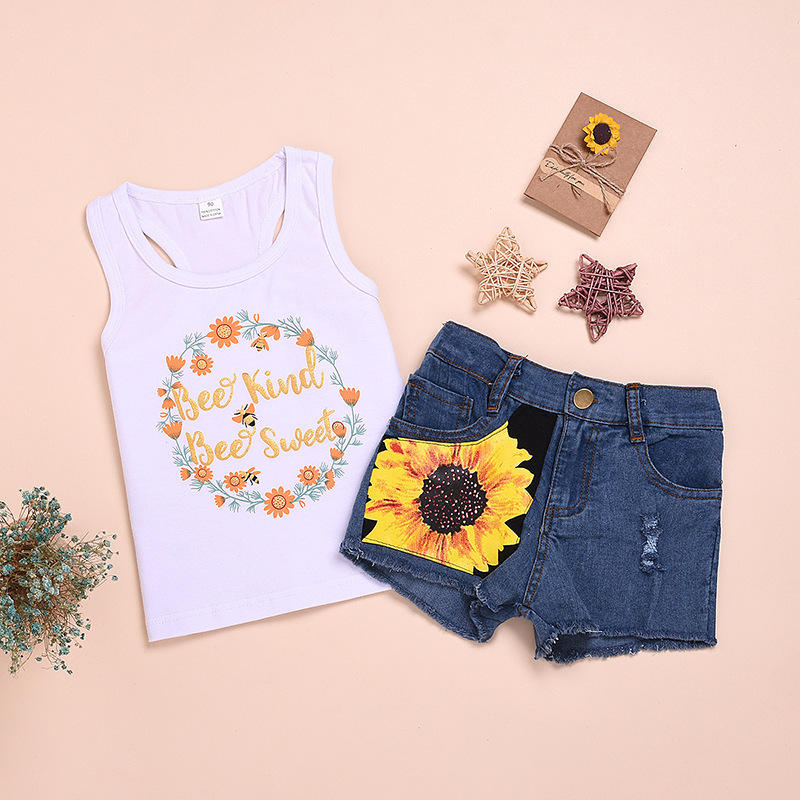 2Pcs Baby Girl Sunflower Outfits Sleeveless Tank Top and Denim Shorts Summer Clothes-White