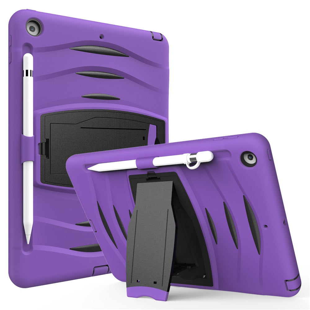 Shock Wave Kickstand Case Anti-Fall Protection With Pencil Holder+Cap For New iPad 7 10.2inch(2019)-Purple