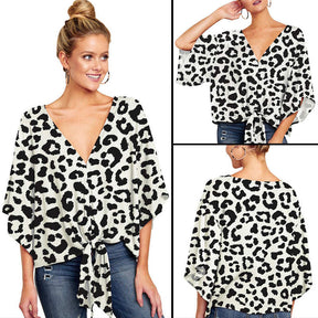 Boho Womens Blouse V Neck Tie Knot 3/4 Sleeve Summer Casual Tops-Leopard4