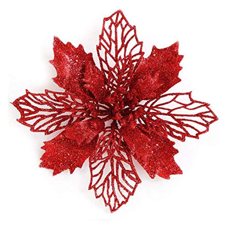 12Pack Glitter Flowers Christmas Tree Decorations and Ornaments-Red