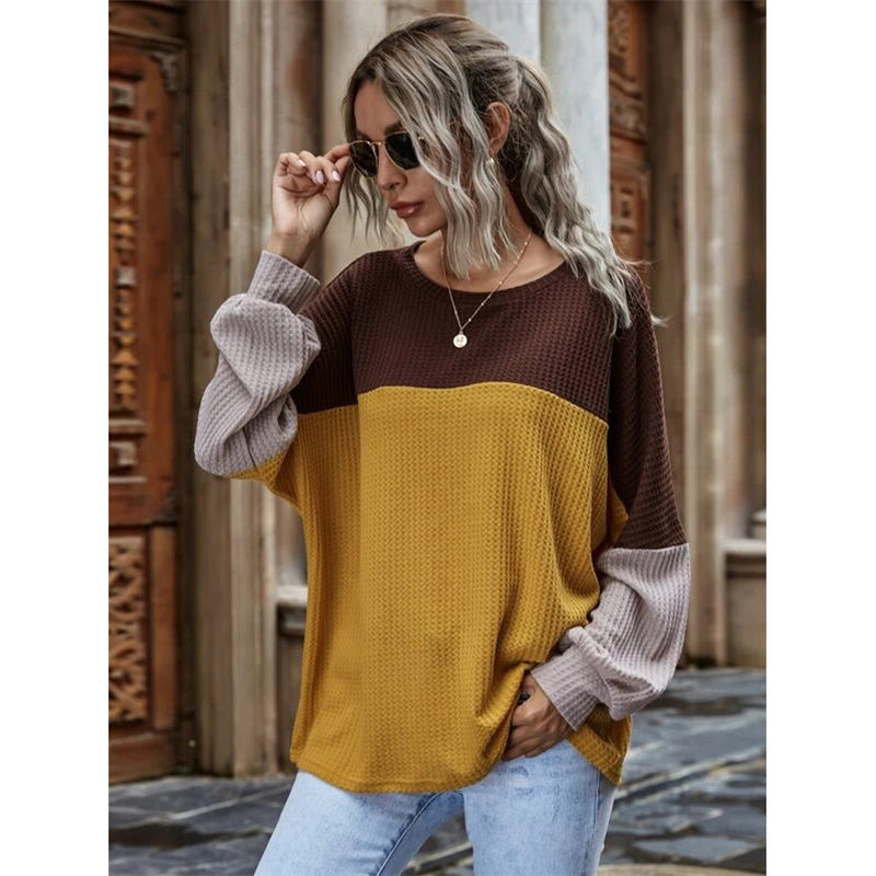 Women Waffle Color Block Sweatshirt Long Sleeve-Orange