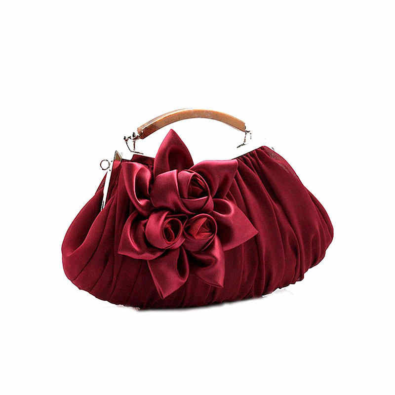 Womens Silk Flowers Evening Bags Clutch-WineRed
