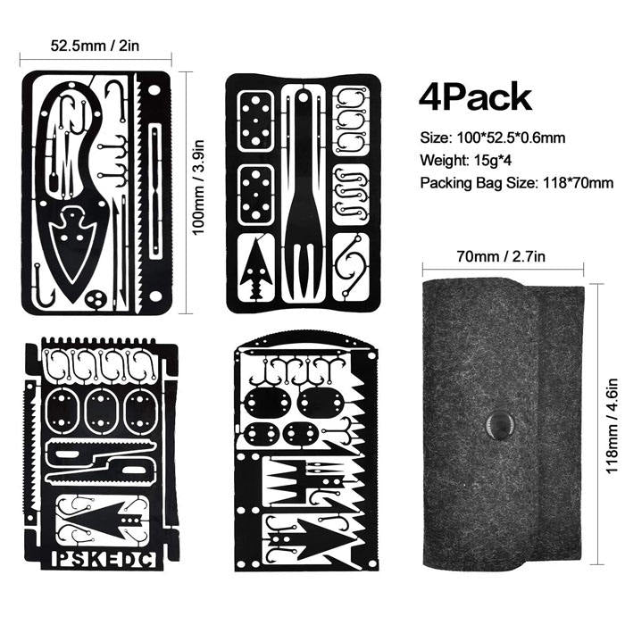 4Pcs Survival Gear Credit Card Multi Tool Camping Multipurpose EDC Multitool-Black