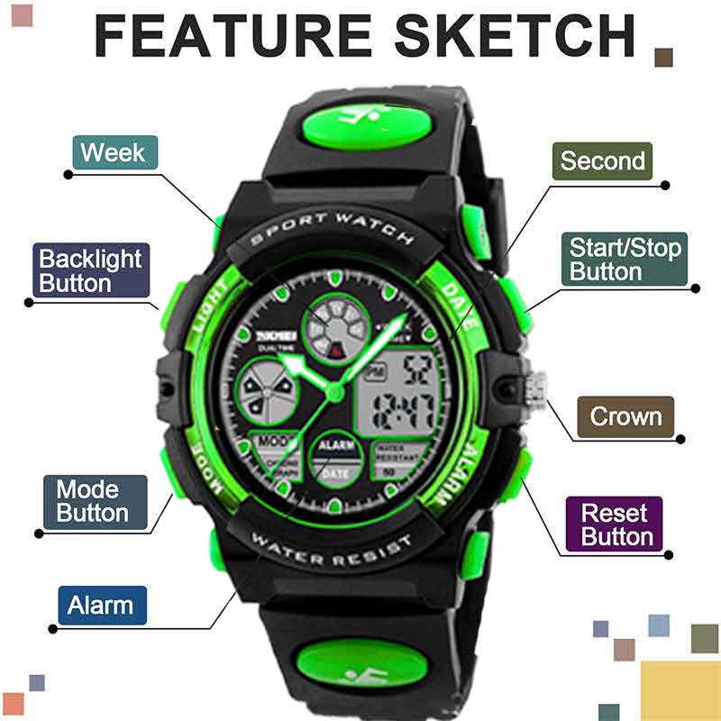 LED Multi Function Sports Waterproof Watch for Kids-Green