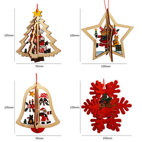 Set of 4 Wooden Hanging Ornaments 3D Snowflake Bells Star Tree Home Decorations-A