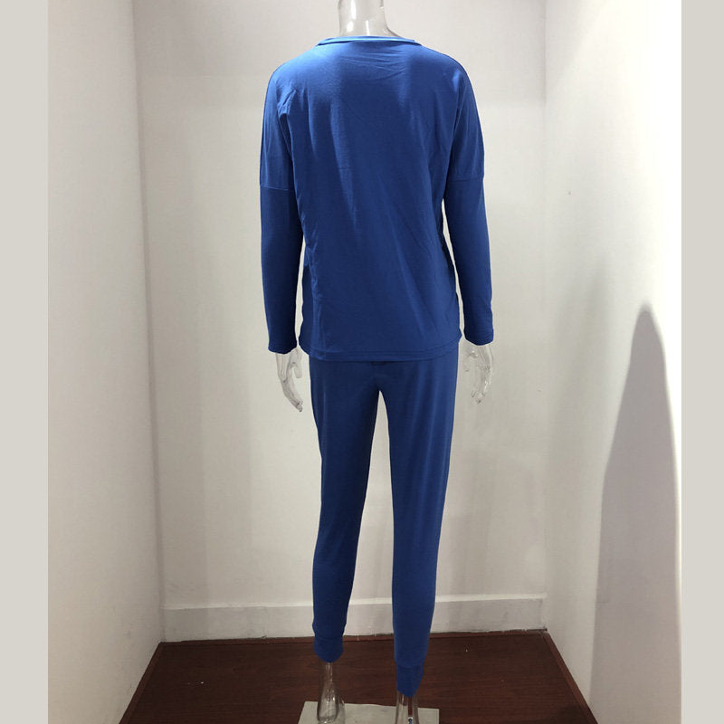 Women Loose Solid Color Long Sleeve Top Casual Drawstring Pants with Pockets-Blue