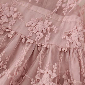 Flower Girls 3/4 Sleeve Dress Girls Lace Princess Party Tulle Summer Vintage Dress-Pink
