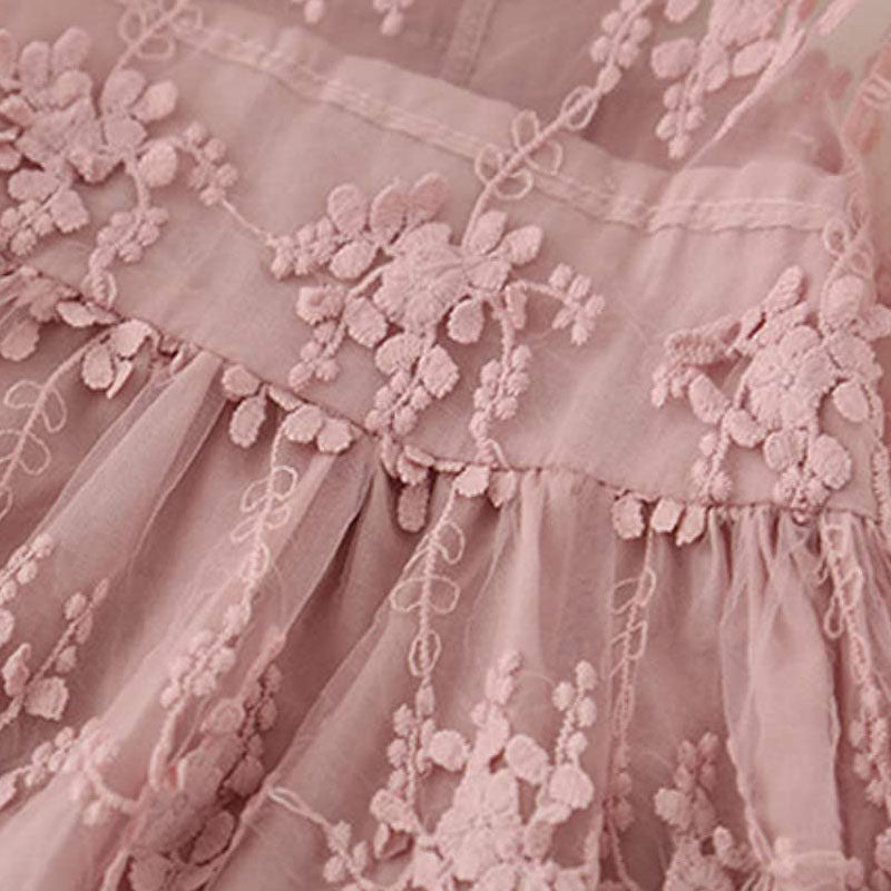 Flower Girls 3/4 Sleeve Dress Girls Lace Princess Party Tulle Summer Vintage Dress-Pink