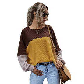 Women Waffle Color Block Sweatshirt Long Sleeve-Orange