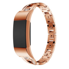 X Shape Bling Stainless Steel Watch Band Adjustable Wristband Replacement Sport Strap For Fitbit Charge 2/Fitbit Charge 3 For Women-Rose Gold