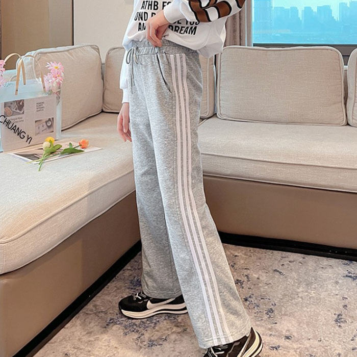 Girls Joggers Long Pants Pockets Outdoor Casual Trousers with Drawstring White Strips-Gray