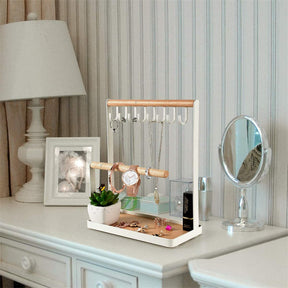 Jewelry Stand Holder 4-Tier Necklace Hanging Wooden Ring Organizer Earring Tray White