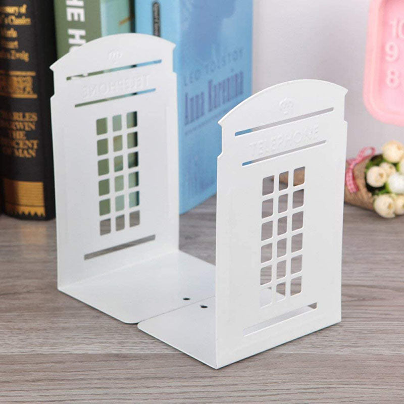 1 Pair Heavy Metal Telephone Booth Bookshelf Non Skid Sturdy Decorative Gift for Office Library-White