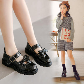 Girls Bowknot Mary Jane Shoes Hook & Loop Wedding Party Flats-Black