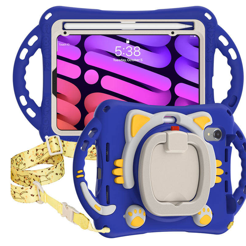 CatB Silicone Case For iPad Mini 6 Shockproof Shoulder Strap Handle Stand-Dark Blue