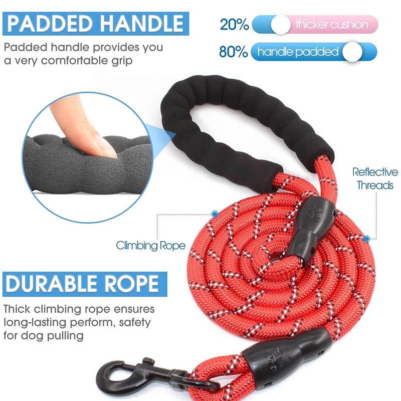 Strong Dog Leash with Comfortable Padded Handle and Highly Reflective Threads-Red