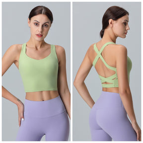 V Neck Longline Sports Bras Padded Wirefree Stretchy Yoga Camisole-Green