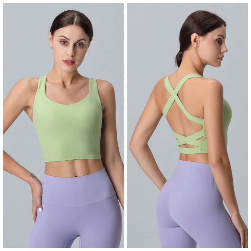 V Neck Longline Sports Bras Padded Wirefree Stretchy Yoga Camisole-Green