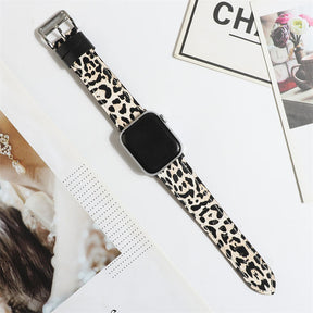 Genuine Leather Apple Watch Band Leopard Wristband for iWatch Series SE/6/5/4/3/2/1-White