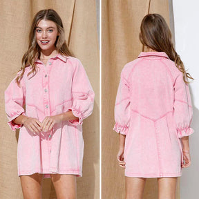 Denim Shirt Dress for Fall Lantern Sleeve Vintage Loose Babydoll-Pink